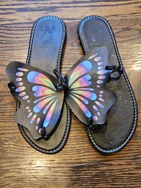 Butterfly Accent Black Women's Slide Sandals - Vibrant Multicolor Wings
